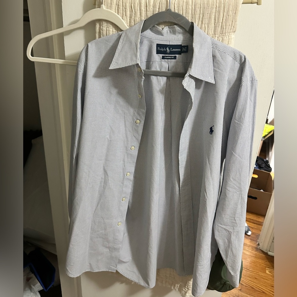 Men’s navy and white small gingham check Polo Ralph Lauren button down. EUC.